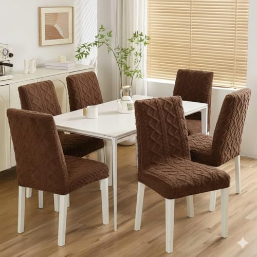 Image of HOMETHREADS Elastic Jacquard Chair Cover - Stretch Fit, Removable & Washable Short Dining Chair Seat Protector - Soft & Wrinkle-Resistant Slipcover for Home, Kitchen, Banquet. (Brown, Pack of 1)