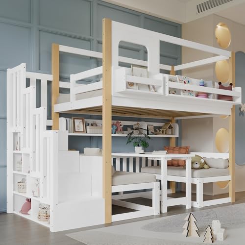 Ktipm Cama Infantil Litera 90x200 cm con Mesa de Altura Regulable y Estante, Litera Infantil con Escalera Almacenaje y Barandilla Anticaída, Literas con Somier de Madera, Sin Colchón, Blanco+Natural