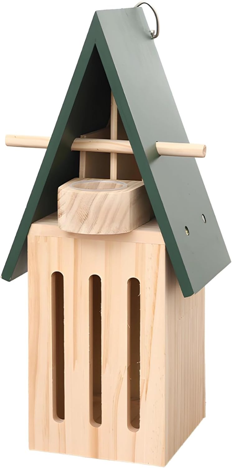 Garden Butterfly House, Wooden Insect Habitat, with Feeder and Hanging Ring, Green Roof, 4.7 X 3.5 X 11 in