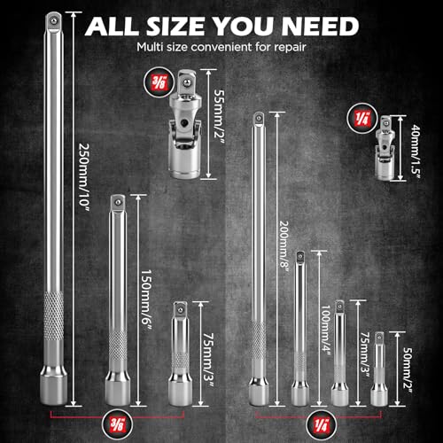 Image of 9-Piece Socket Extension Bar Set, 1 /4 inch & 3 /8 inch Drive Ratchet Extensions 2 inch, 3 inch, 4 inch, 6 inch, 8 inch & 10 inch with Universal Joints, CR-V Steel for Tight Spaces