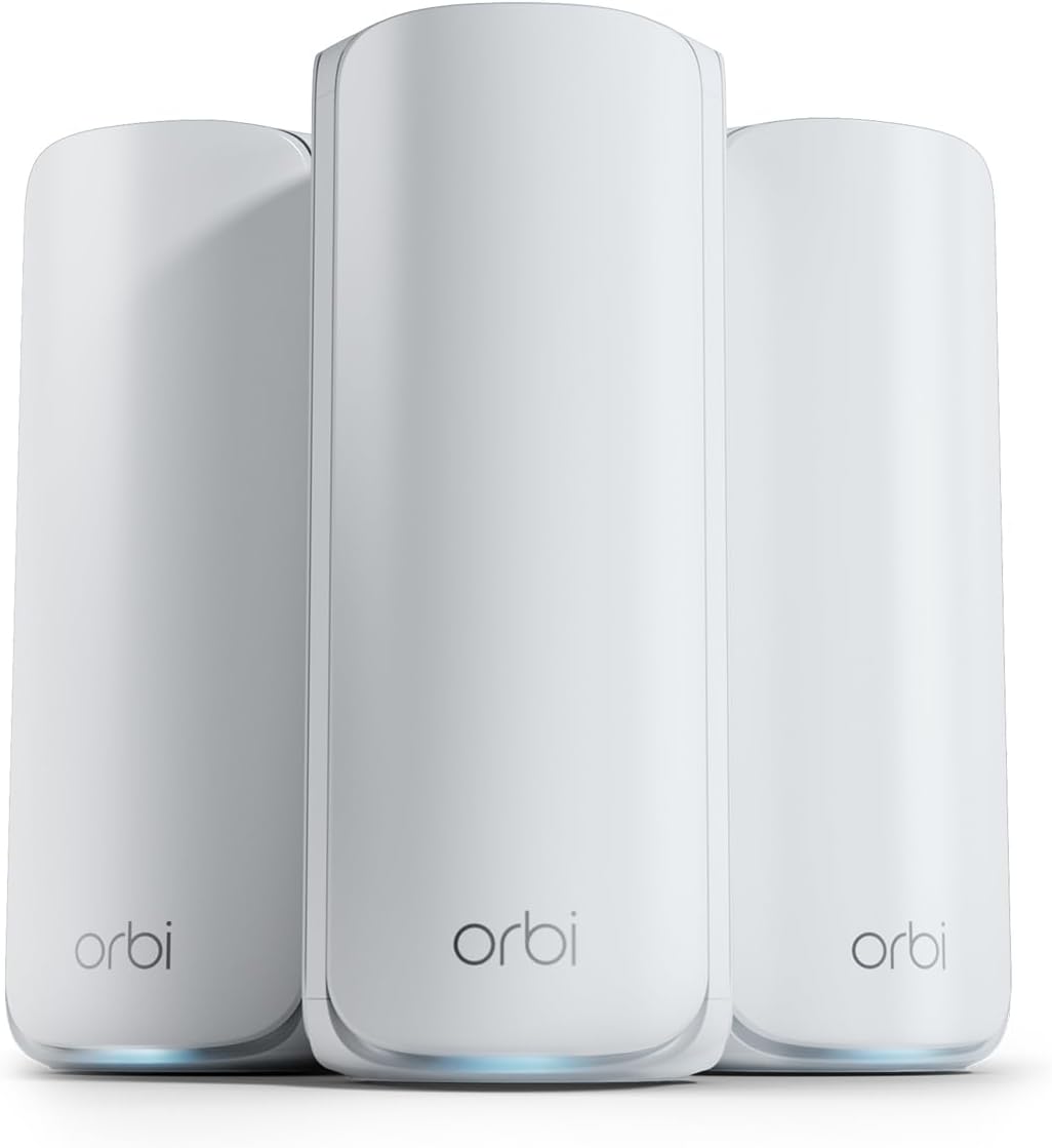 – NETGEAR Orbi 770 Series | WiFi 7 Mesh System | RBE773 | Wireless Router + 2 Satellites | Up to 11 Gbps | Covers 6,750 sq. ft. | Connects up to 100 devices | Tri-band BE11000 | 2.5 Gig Internet Port