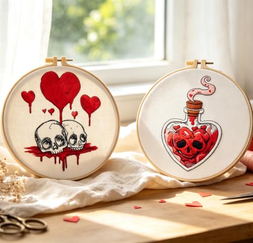 Image of Halloween Goth Embroidery Kits for Beginners Adults, Dark Skull Embroidery Sets Needlepoint Kits, Halloween Stamped Cross Stitch Kits for Beginners Adults, 2 Embroidery Hoops (Attached Video Tutorial)