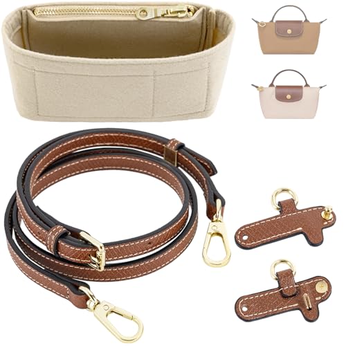 Image of Purse Organizer Insert & Leather Strap Conversion Kit Set, Compatible with Longchamp Le Pliage Mini Bag - Felt Inner Liner & Adjustable Shoulder Strap, Beige