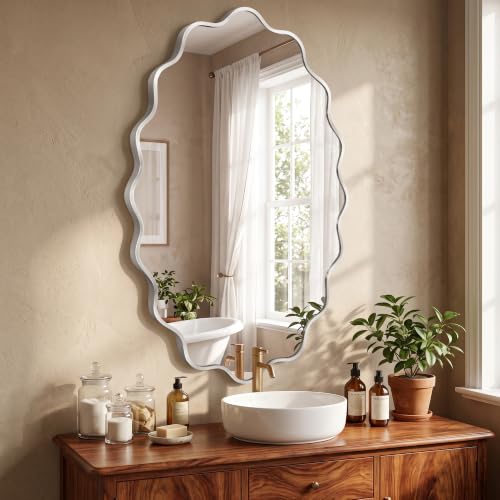 Image of Silver Oval Wall Mirror, 22 inch x 30 inch Wavy Bathroom Mirror for Wall with Brushed Alloy Steel Frame&Shatter-Proof Glass, Hanging Decorative Wall Mirrors for Bathroom Sink, Bedroom, Entryway