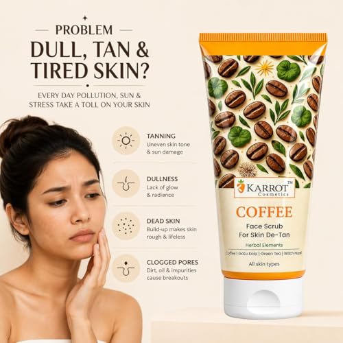Image of KARROT COSMETICS Coffee Face Scrub for Skin De-Tan & Brightening | Removes Tan, Dead Skin & Blackheads | With Coffee, Gotu Kola, Green Tea & Witch Hazel | Exfoliating Face Scrub for Glowing Skin | 100g.