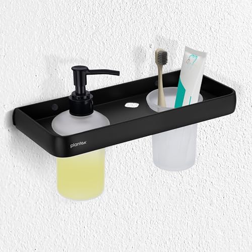 Image of Plantex Self Adhesive Aluminium Liquid Soap Dispenser with Tumbler Holder for Bathroom /2 in 1 Shampoo Dispenser with Toothpaste Holder /Bathroom Accessories - Pack of 1 (1505, Black)