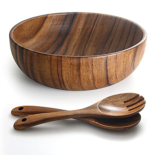 AOOSY 3-Pcs Acacia Wood Salad Bowl Set, 9 Inch Wooden Salad Servers | with Spoon & Fork for Mixing Salad, Fruits & Pasta,Durable Handmade Kitchen Gift for Mixing, Serving, and Cooking