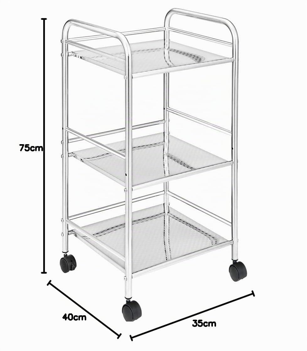 BAKAJI Chariot de Rangement en Acier chromé pour Salle de Bain, Cuisine, Coiffeur ou esthéticienne, 4 Roues pivotantes, 3 étagères, Dimensions 40 x 35 x 75 cm, Chariot Multifonction à 3 Niveaux