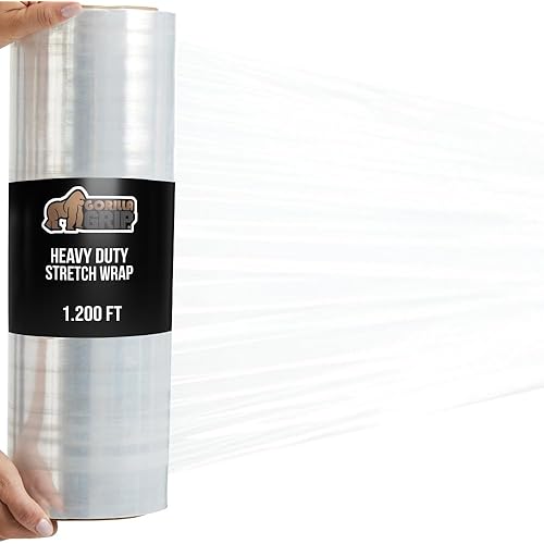 GORILLA GRIP 500% Stretch Film Heavy Duty Plastic, 1200ft Shrink Wrap Roll 17" Puncture Resistant, Industrial Strength for Shipping, Pallet Storing, Moving, Packing Furniture Protection 1 Pack Clear