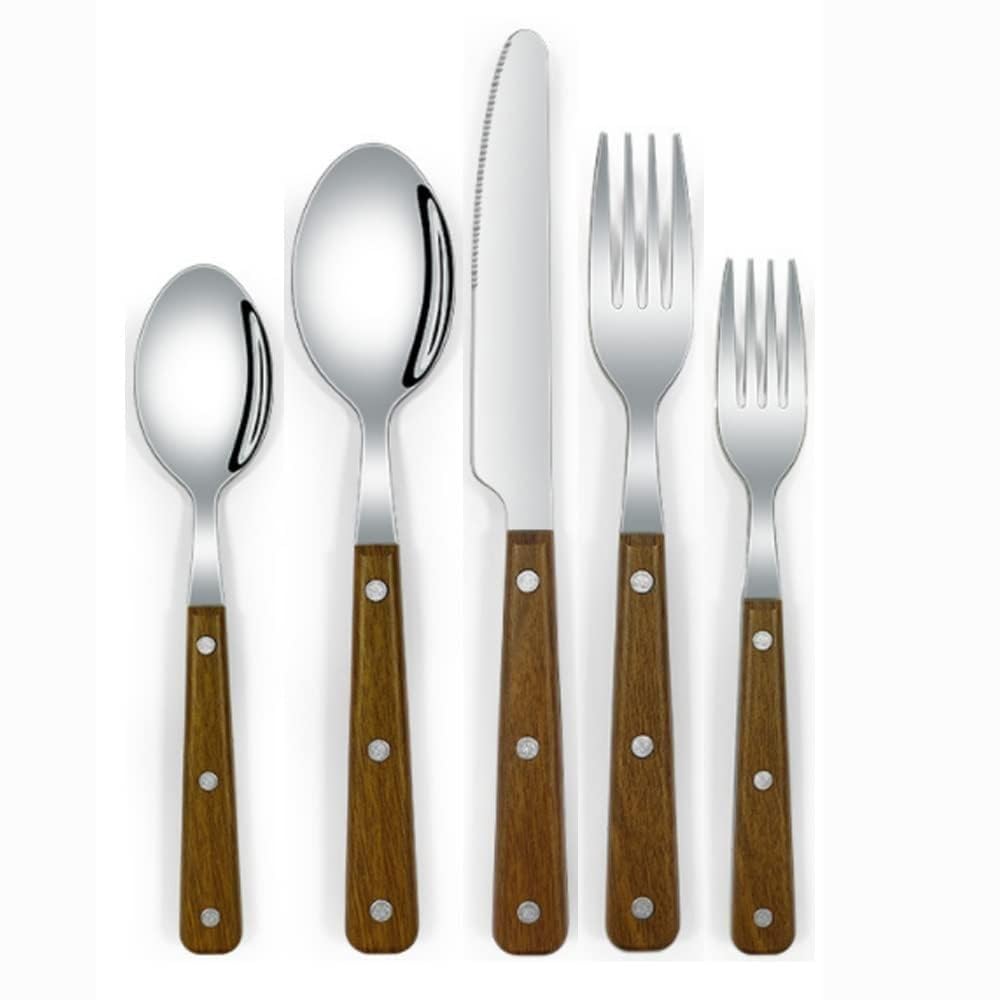 Kitchen Thickened ABS Imitation Wood Grain Handle Stainless Steel Silverware Tableware Flatware Cutlery Set Steak Knife Fork Spoon Teaspoon (B,5 Pieces)