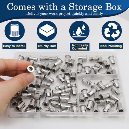 Image of 10-24 UNC Rivet Nut, 95Pcs 304 Stainless Steel Flat Head Rivnut Threaded Insert Nutsert