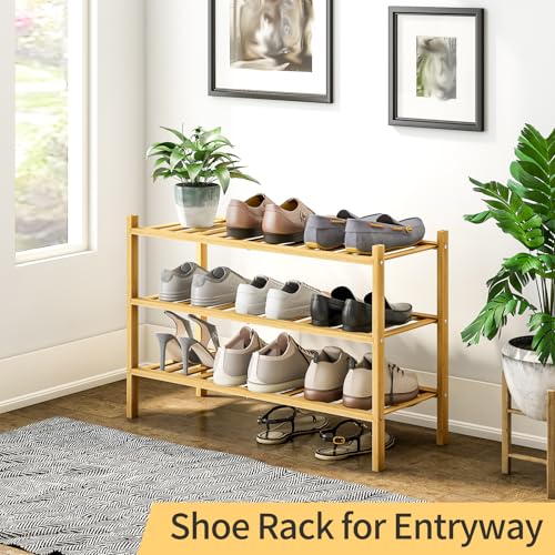 Image of 3-Tier Bamboo Shoe Rack for Entryway, Stackable | Heavy Duty | Multi-Function, Free Standing Shoe Racks for Bedroom Hallway Closet