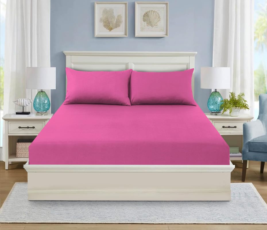 WEAVERS: 3 Pcs Luxury Polycotton 25cm Deep Fitted Sheet with Pillowcase Pair (Size Super King, Colour Fuchsia) โ image 1