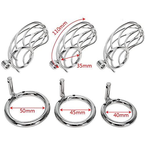 Acudani Cock Cage Male Chastity Device Penis Cock Ring Sleeve Lock Steel Metal Silver 40/45/50Mm (1 Lock, 2Keys, 3 Ring) #TOP1