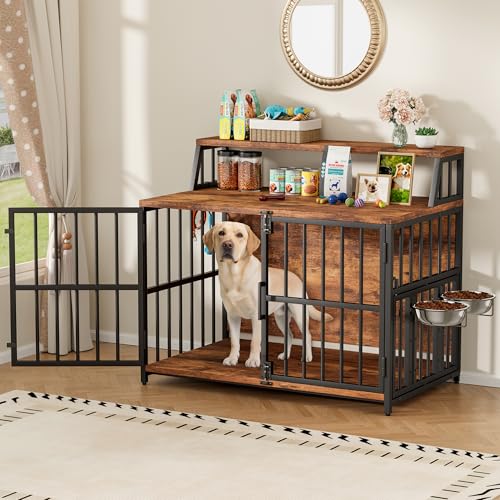 Dog Crate Furniture, LitaiL Wooden Dog Crate with Storage, 40” Large Furniture Dog Kennel with 2 Stainless Steel Bowls, Heavy Duty Decorative Dog Kennel Indoor, Rustic Brown - Image 3