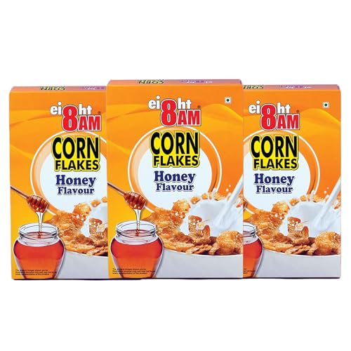 Image of 8AM Corn Flakes Honey 300 Gram (Pack Of 3), Golden Corns & Honey, No Cholesterol, Trans Fat, Artificial Additives, Iron & Calcium, Crunchy & Nutritious Whole Grain Breakfast Cereal