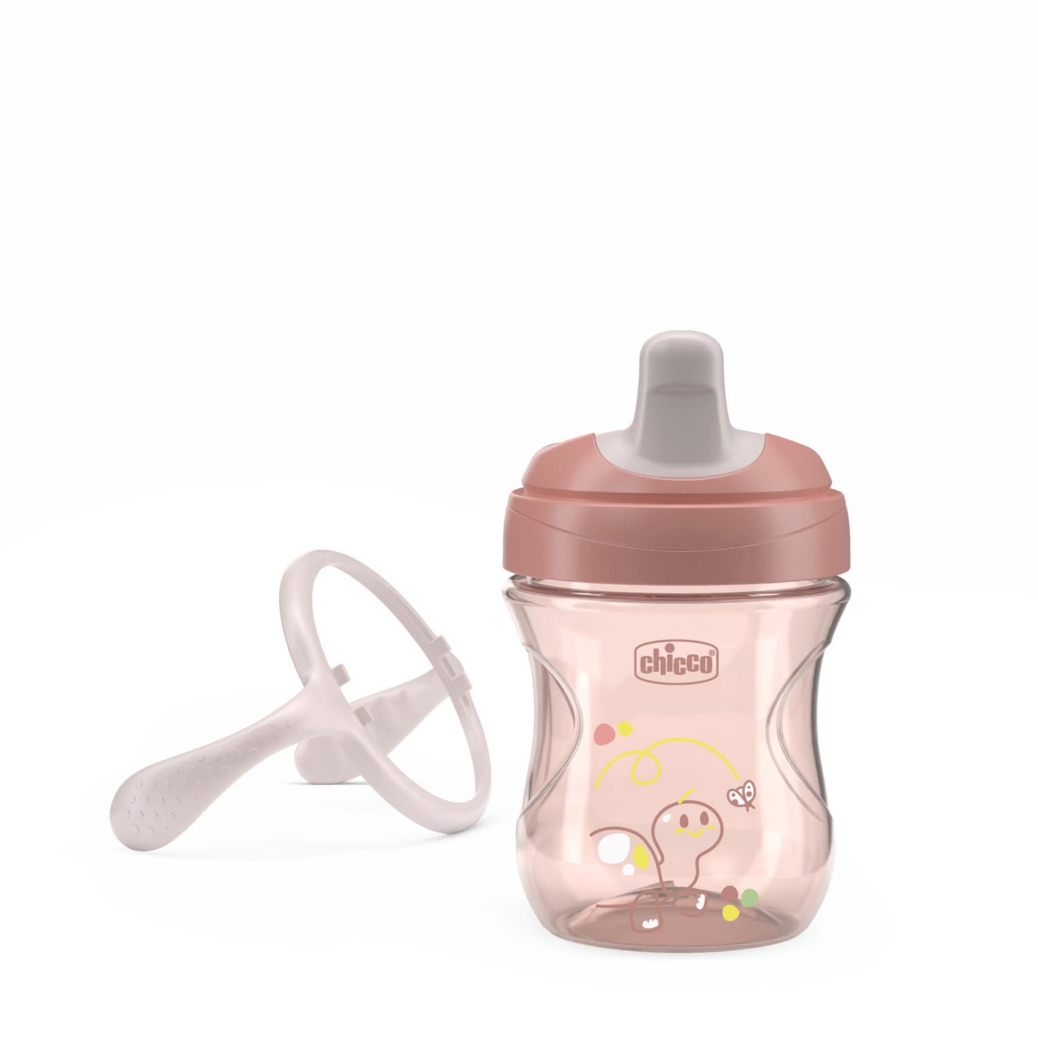 Chicco Training Cup, plastikowe jednokrotne szklane dzieci, jeden kubek do nauki picia, ergonomiczna półmiękka wylewka, zawór i wyjmowane uchwyty, 6 miesięcy +, bez BPA, różowy