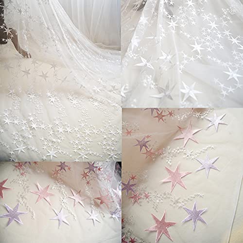 Queenbox 1X1.58 Yard Stars Lace Wedding Veil, Elegant Mesh Lace Embroidered Fabric For Clothes Dress Skirt Ballgown Sewing Home Decor, Pink Purple #TOP5