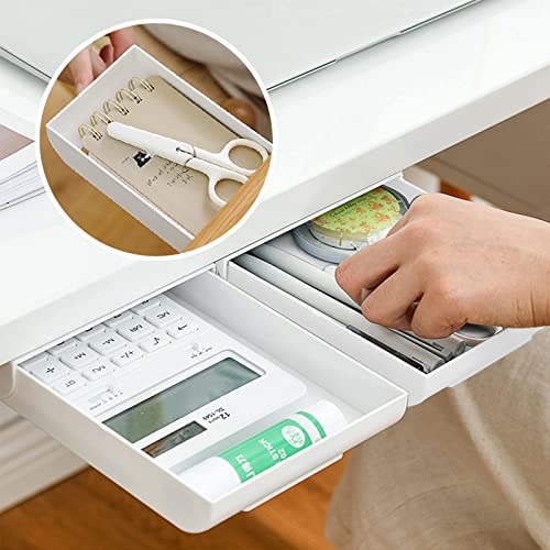 2 Packs Under Desk Drawers, Slide Out Drawer Attachment, Plastic Desk Accessories & Workspace Organizers, Self-Adhesive Hidden Desktop Pen Holder for Office School Home (White) - Thumbnail 2