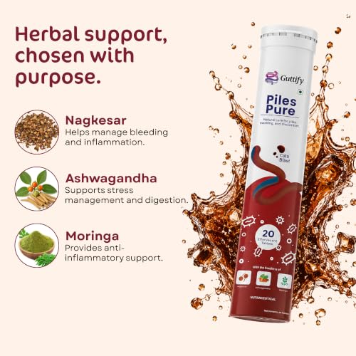 Image of Piles Pure Cola Blast Effervescent Tablets with Nagkesar, Ashwagandha and Moringa for Piles Relief, Hemorrhoid Comfort, Swelling Ease, Gut Calmness and Routine Comfort | 20 Tablets x Pack of 2