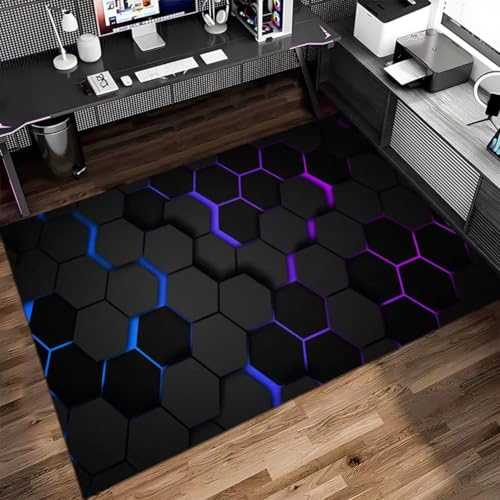 PEIHUODAN Neon Geometrie Linie Gaming Teppich Schlafzimmer Teenager Jungen Kinds Abstrakt Videospiele Flanell Bereich Teppich rutschfest E-Sport für Spielzimmer Dekorativer Carpet 120x160 cm