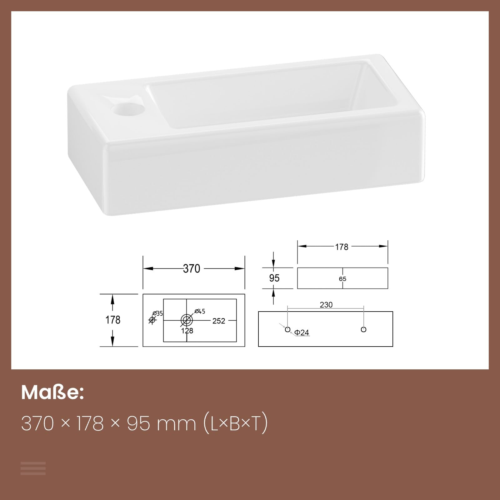 EMKE Lavabo da 36,5 x 18 x 9 cm, piccolo lavandino bianco, da appendere, per WC degli ospiti e bagno, rubinetto sinistro, montaggio a parete