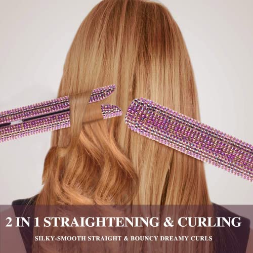 Hair Straightener Titanium Flat Iron With Gorgeous Rhinestone Bling Crystal Diamond, 2 In 1 Hair Straightener And Curler, 60 Min Auto Shut Off, Lcd Temp Display, Range From 120°F To 470°F(Rose Pink) #TOP5