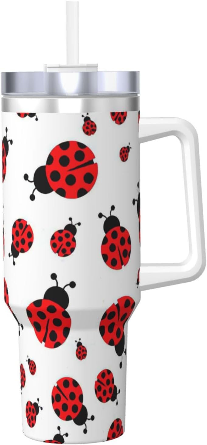 40 OZ Ladybug Print Ice Bully Cup with Handle Straw Lid Straw,Stainless Steel Tumbler Coffee Cup