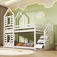 EINHOM Bunk Bed for Kids, Single Cabin Bed with Storage, Wooden Bunk Bed, Single Bed with Window, Solid Pine Wood, 3FT-White (Without Mattress)