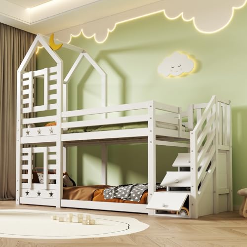 Arhatreya Litera de 90 x 200 cm, cama infantil con protección anticaídas, cama en el árbol con cajones, litera con somier, cama para niños, adolescentes (sin colchón), color blanco pino