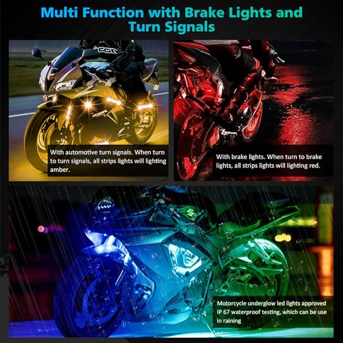 Image of SUNPIE Motorcycle LED Lights Underglow Kit 16PCS RGB LED Strip Lights with Brake&Turn Signal 12V Waterproof Bright 4 Zone Motorcycle Strips Lighting for Harley Kawasaki Suzuki Indian All Motor