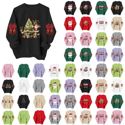 Aymnlox Christmas Crewneck Sweatshirt Women Santa Tree Reindeer Graphic Long Sleeve Holiday Pullover Cute Festive Winter Party Top women's christmas blouses Black S - image 1