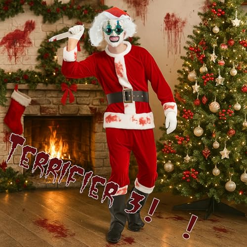 YYSWSAKY Terrifier Kostüm Horror Clown Kostüme Herren Halloween Weihnachtsmann Horror Clown Kostum mit Maske Terrifier Clowns Cosplay für Halloween Karneval (XL/XXL)