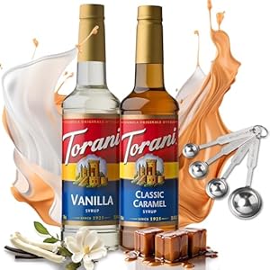 Generic Toranii Coffee Syrup Variety Pack – Vanilla and Caramel Syrup for Coffee with 4-PC Stainless Steel Measuring Spoons, 25.4 Ounces for Vanilla and Caramel