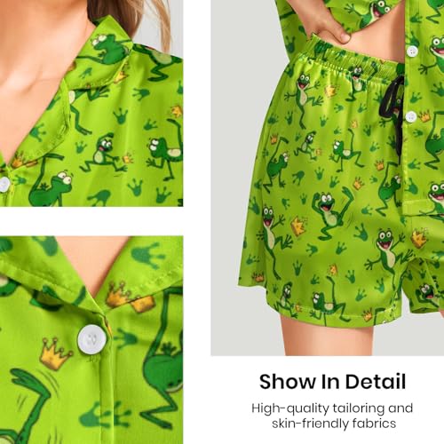 Image of Funny Pajamas for Women Set Print Satin Loungewear Pjs Short Sleeve Button Down Top and Shorts Sets Sleepwear XS-3XL