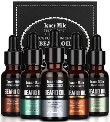 ISNER MILE 5 Pack Beard Oil Kit: Sandalwood Orange Cedarwood Sage Unscented for Beard Care & Conditioner, Christmas Stocking Stuffers for Adults Men, Birthday Gifts for Him Boyfriend Dad Husband