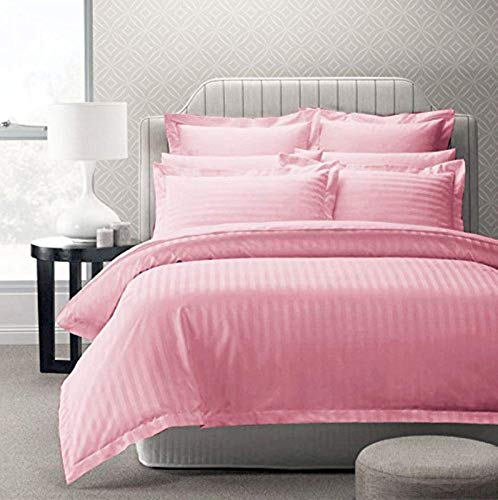 Image of 300 TC Glace Cotton Plain Stripe Queen Size Single Bedsheet with 1 Pillow Cover for Home, Hotel, Guest Room (60 X 90) Inch Baby Pink Pack 1
