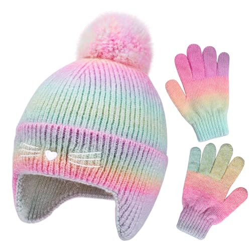 Cat Face Earflap Beanie and Gloves Set for Girls Rainbow Pom Knit Hats Winter Outdoor Snow Ski Caps Age 2-10