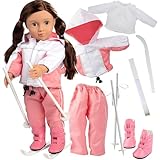 Winter Skiing 9pc Doll Outfit- Snow Vacation Clothes & Accessories Compatible w American Girl- Set Includes Shirt, Pants, Jacket, Boots, Poles, & Skis- Gift Set for Girls, Kids, & Collectors