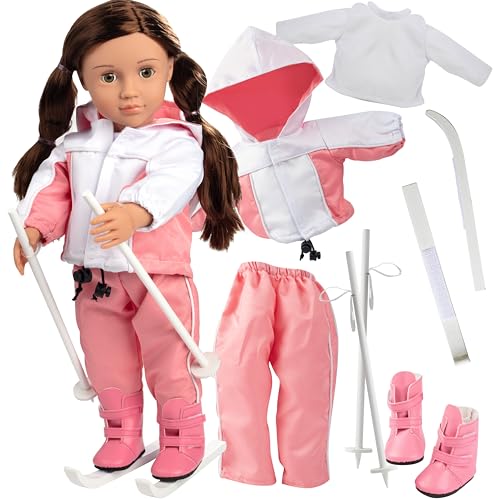 Winter Skiing 9pc Doll Outfit- Snow Vacation Clothes & Accessories Compatible w American Girl- Set Includes Shirt, Pants, Jacket, Boots, Poles, & Skis- Gift Set for Girls, Kids, & Collectors