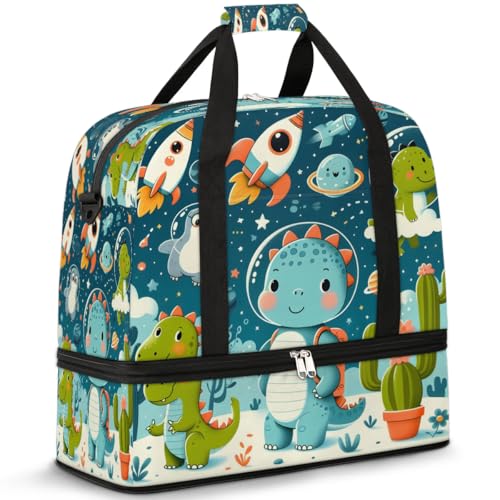Travel Duffel Bags Cute Cartoon Dinosaur Foldable Weekender Bags for Women with Shoes Compartment Waterproof & Tear Resistant Carry on Overnight Luggage Duffel Bag Shoulder Sports Tote Bag