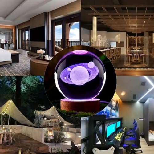 Image of 3D Crystal Ball Lamp with 16 Colors Changing LED Wooden Base - Solar System Night Light, Galaxy Lamps, Galaxy Crystal Ball Light with USB (16 Color Saturn)