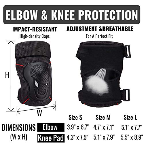 NHH Skateboard Knee Pads Elbow Pads and Wrist Guards - 6 in 1 Protective Gear Set for Kids Youth Adults Bicycling Cycling Bike Skateboard Inline Skate and Scooter (Black, L)