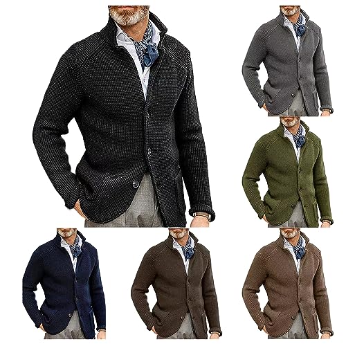 evzosrz Men Cardigan Sweater Open Front Stand Collar Chunky Button Long Sleeve Slim Fit Ribbed Knitted Sweater with Pockets3