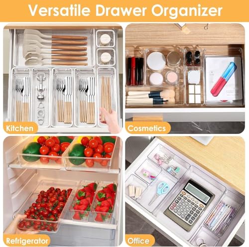 Image of 16 Pcs Clear Plastic Drawer Organizers Set - 4-Size Versatile Storage Trays for Bathroom, Vanity, Makeup, Kitchen Gadgets & Office Organization, Stationery Organizers Box
