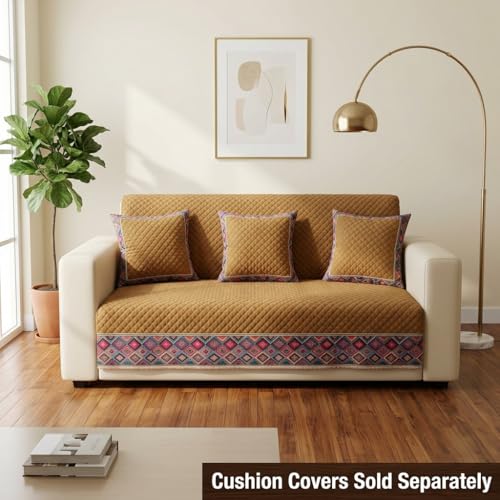 Image of KINGLY Sofa Cover 4 Seater Fully Covered | Stretchable Anti-Slip Slipcover | Washable Furniture Protector | Royal Gold | Set of 2 | Seat & Back |