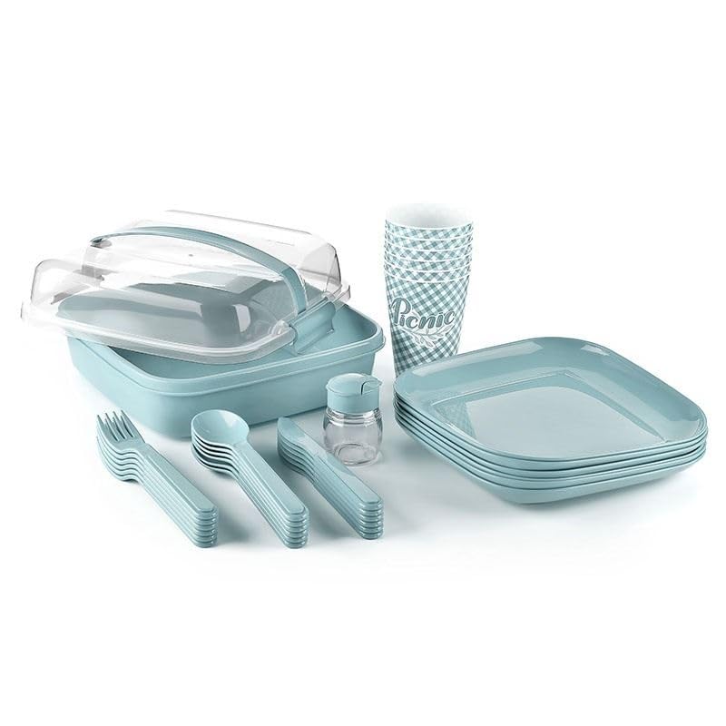 Picknick Set 6 Personen Grau – BPA-freies Plastikbesteck & Geschirr – Gabel, Messer, Löffel, Teller, Becher & Salzstreuer – Inkl. Picknickkorb & Tasche