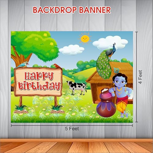Image of Little Krishna Birthday Backdrop 5x4 Ft | Backdrops for Decoration | Birthday Decoration Backdrop | Banner for Kids Theme Party