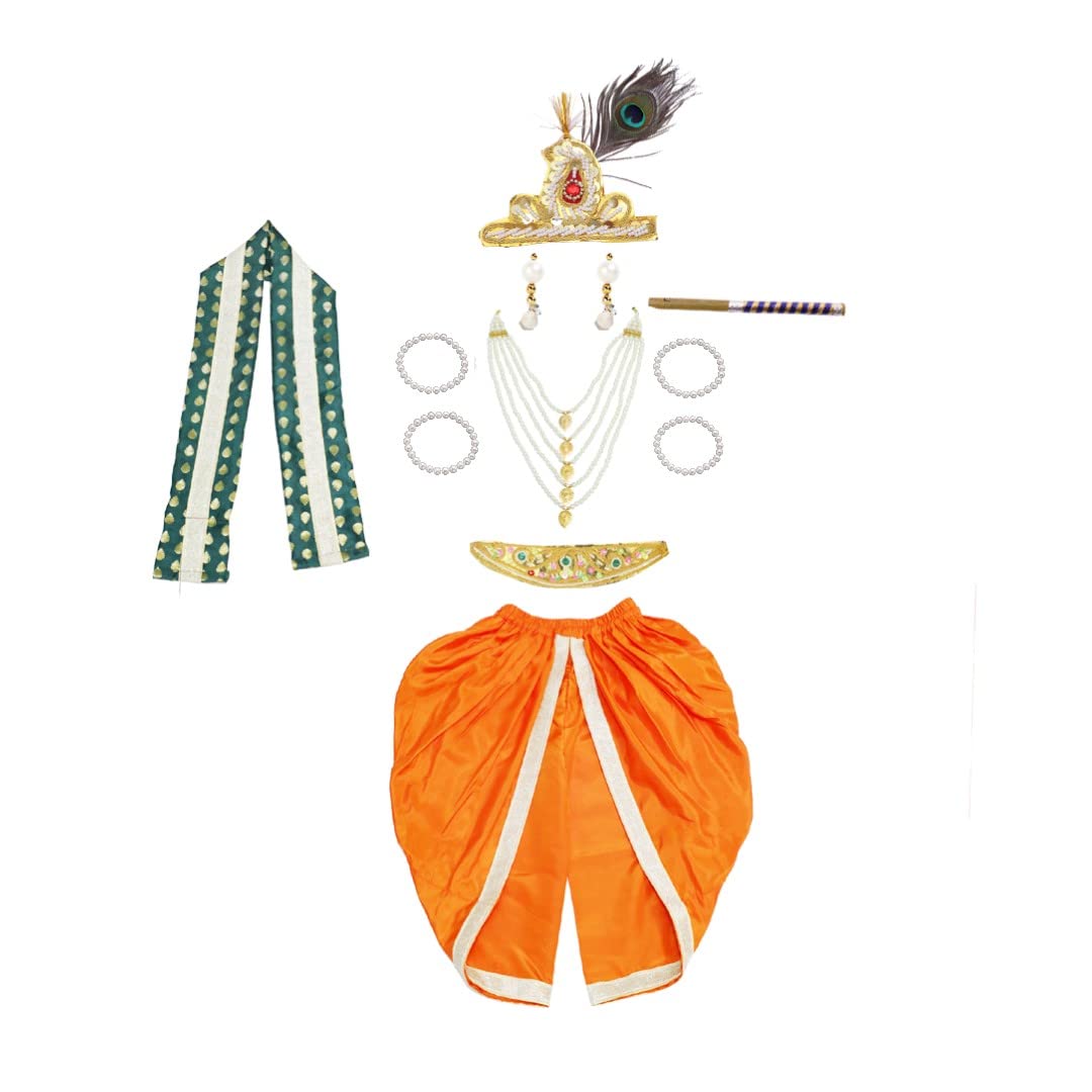 ITSMYCOSTUME Krishna Dress for Baby Boy & Kids. Complete set with Dhoti,Patka Jewellery. Little Krishna Ji/Kanha/Janmasthmi Costume(satin Booti/5 Mala)