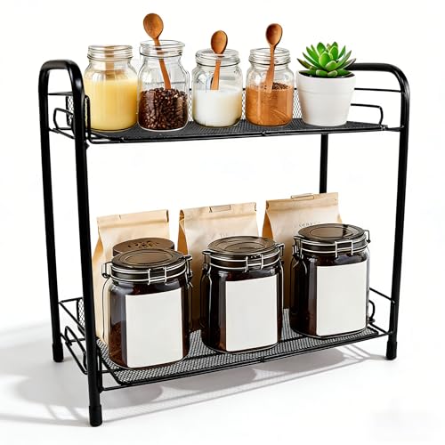 Vurixfo 2 Tier Coffee Station Organizer Kitchen Spice Rack Hot Chocolate Station Stand Metal Kitchen Counter Shelf For Bathroom Kitchen Office Coffee Bar Accessories Organiser Black